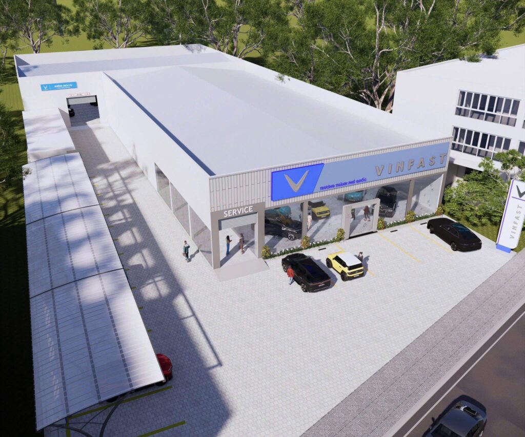 Phối cảnh nhìn từ trên cao showroom VinFast Trương Thành Phú Quốc với khu nhà xưởng và bãi đỗ xe